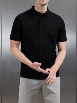 Mercerised Interlock Short Sleeve Button Through Shirt - Black