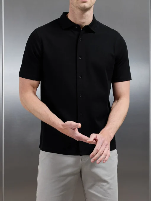 Mercerised Interlock Short Sleeve Button Through Shirt - Black