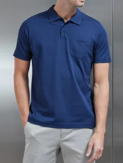Mercerised Pique Button Polo Shirt - Navy