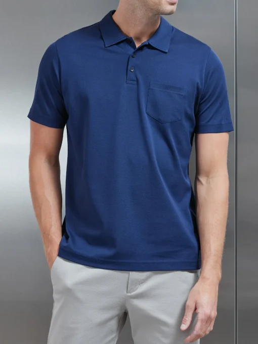 Mercerised Pique Button Polo Shirt - Navy