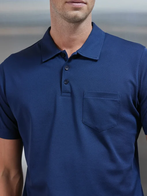 Mercerised Pique Button Polo Shirt - Navy