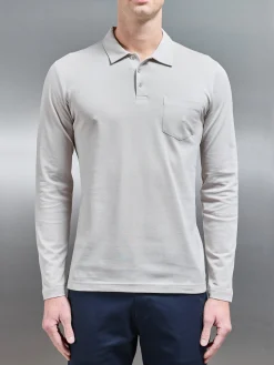 Mercerised Pique Long Sleeve Button Polo Shirt - Stone