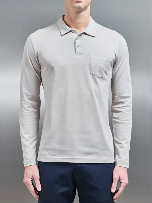 Mercerised Pique Long Sleeve Button Polo Shirt - Stone