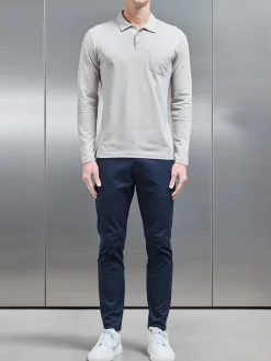 Mercerised Pique Long Sleeve Button Polo Shirt - Stone