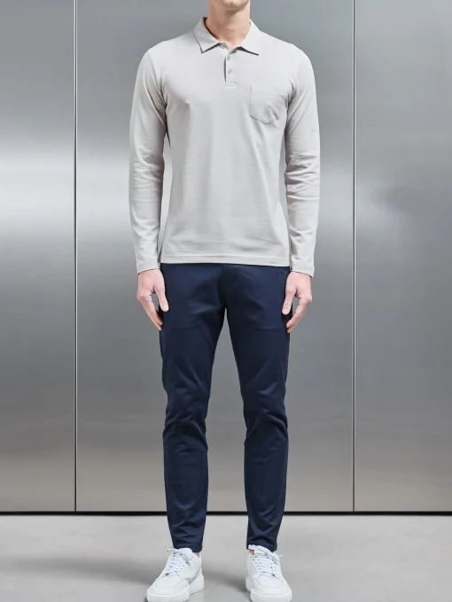 Mercerised Pique Long Sleeve Button Polo Shirt - Stone