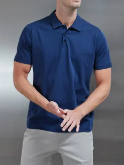 Mercerised Supima Cotton Button Polo Shirt - Navy