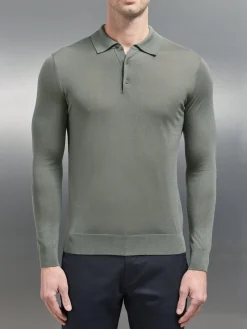 Merino Wool Long Sleeve Button Polo Shirt - Sage