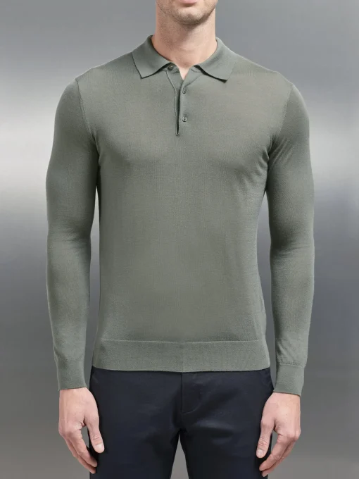 Merino Wool Long Sleeve Button Polo Shirt - Sage