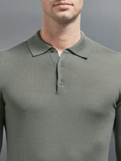 Merino Wool Long Sleeve Button Polo Shirt - Sage