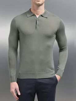 Merino Wool Long Sleeve Button Polo Shirt - Sage