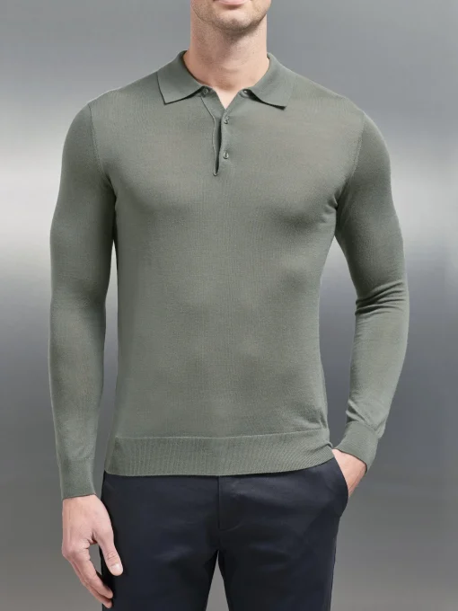 Merino Wool Long Sleeve Button Polo Shirt - Sage