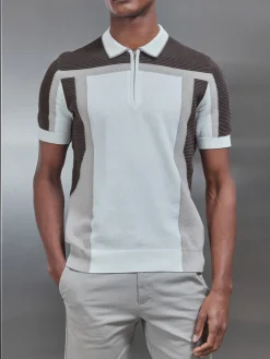 Panel Colour Block Knitted Zip Polo Shirt - Taupe