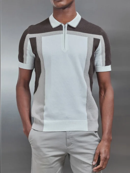 Panel Colour Block Knitted Zip Polo Shirt - Taupe