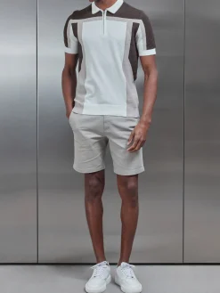 Panel Colour Block Knitted Zip Polo Shirt - Taupe