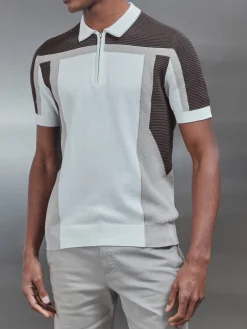 Panel Colour Block Knitted Zip Polo Shirt - Taupe
