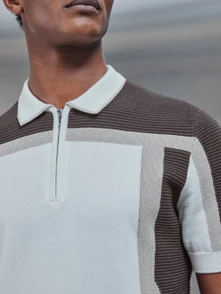 Panel Colour Block Knitted Zip Polo Shirt - Taupe