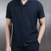 Pleated Revere Collar Shirt - Navy
