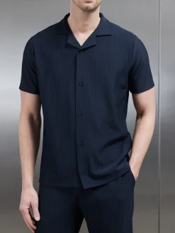Pleated Revere Collar Shirt - Navy