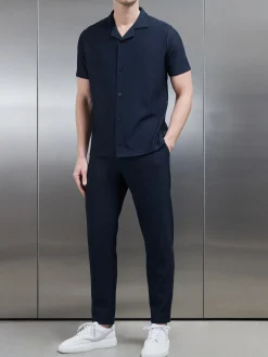 Pleated Revere Collar Shirt - Navy