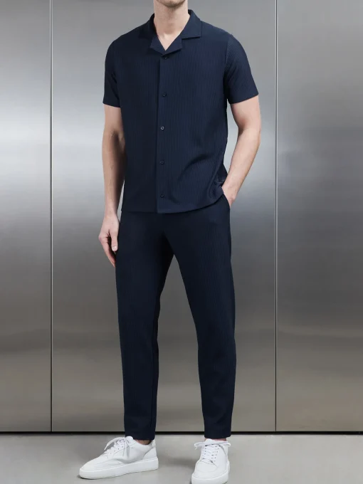 Pleated Revere Collar Shirt - Navy