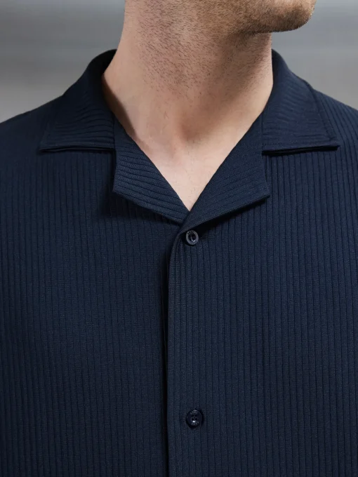 Pleated Revere Collar Shirt - Navy