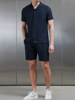 Pleated Revere Collar Shirt - Navy
