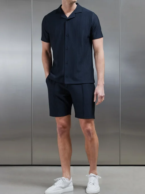 Pleated Revere Collar Shirt - Navy