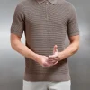 Ribbed Knitted Zip Polo Shirt - Taupe
