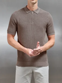 Ribbed Knitted Zip Polo Shirt - Taupe