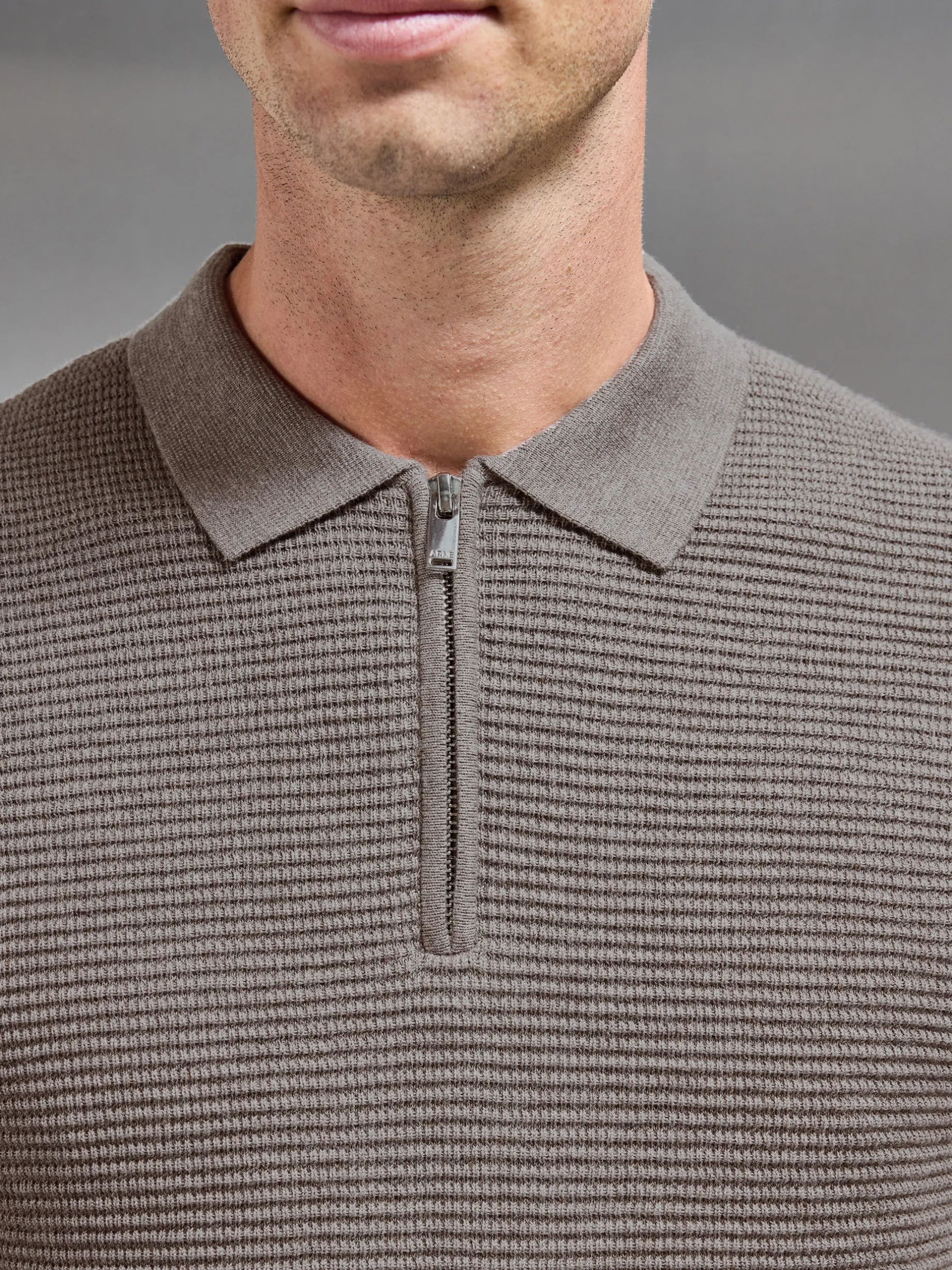 Ribbed Knitted Zip Polo Shirt - Taupe