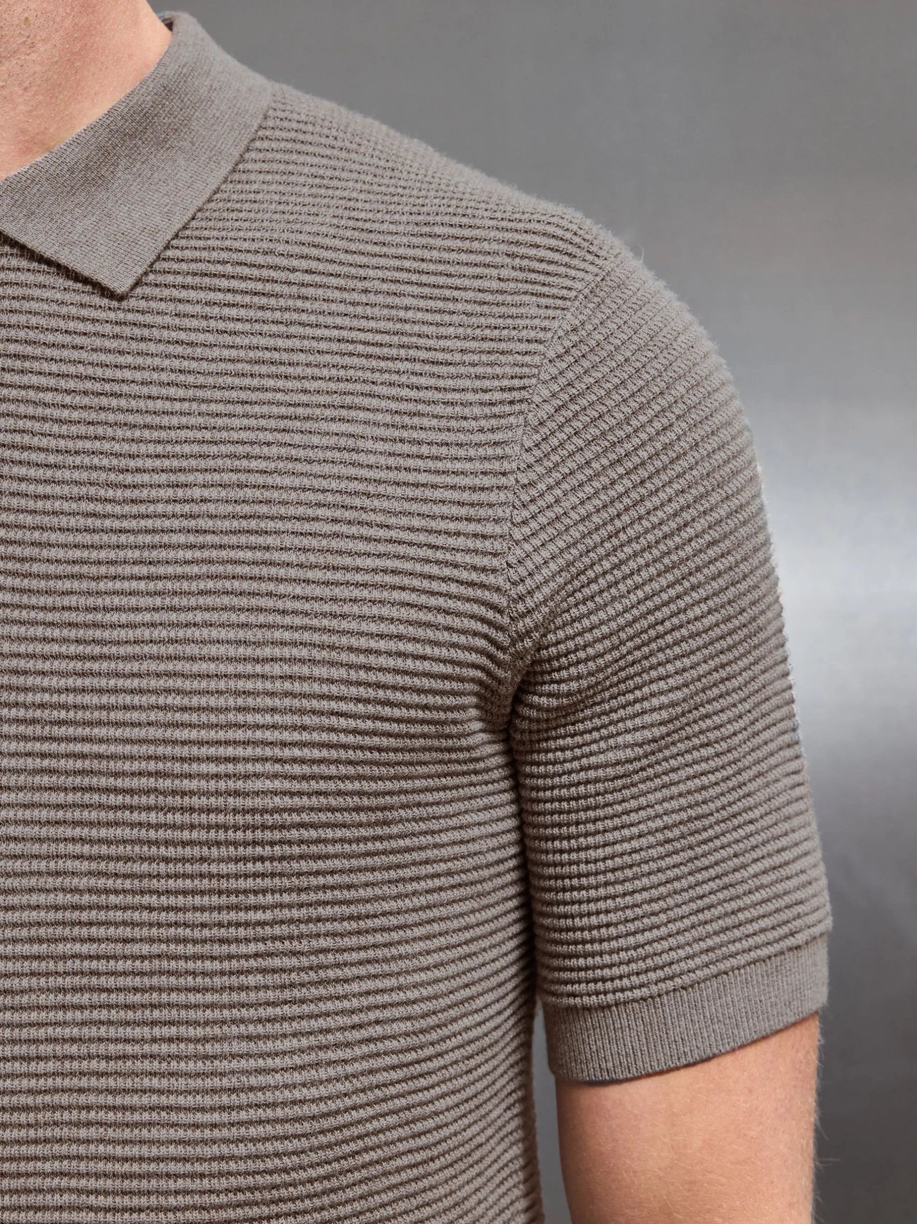 Ribbed Knitted Zip Polo Shirt - Taupe