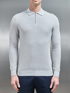 Ribbed Textured Long Sleeve Knitted Zip Polo - Mid Grey
