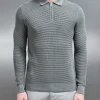 Ribbed Textured Long Sleeve Knitted Zip Polo - Sage