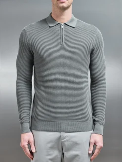 Ribbed Textured Long Sleeve Knitted Zip Polo - Sage