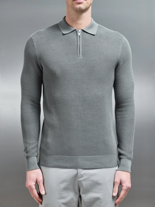 Ribbed Textured Long Sleeve Knitted Zip Polo - Sage