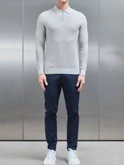 Ribbed Textured Long Sleeve Knitted Zip Polo - Mid Grey