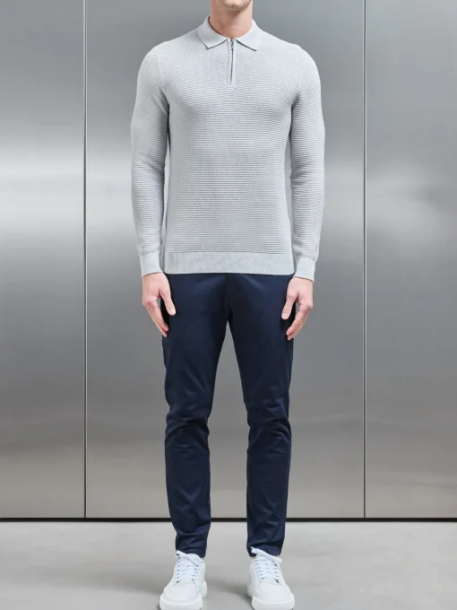 Ribbed Textured Long Sleeve Knitted Zip Polo - Mid Grey