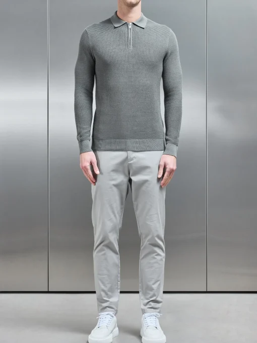 Ribbed Textured Long Sleeve Knitted Zip Polo - Sage