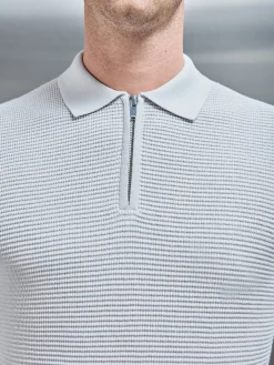 Ribbed Textured Long Sleeve Knitted Zip Polo - Mid Grey