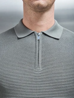 Ribbed Textured Long Sleeve Knitted Zip Polo - Sage
