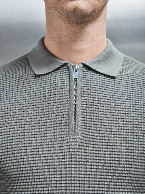 Ribbed Textured Long Sleeve Knitted Zip Polo - Sage