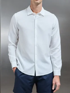 Seersucker Long Sleeve Cutaway Collar Shirt - White
