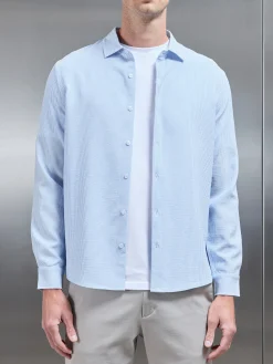 Seersucker Long Sleeve Cutaway Collar Shirt - Light Blue