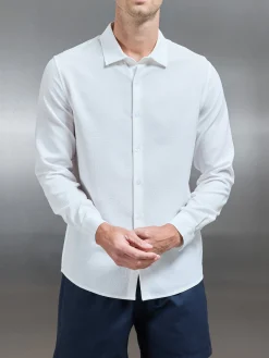 Seersucker Long Sleeve Cutaway Collar Shirt - White