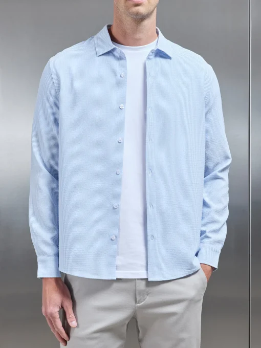 Seersucker Long Sleeve Cutaway Collar Shirt - Light Blue