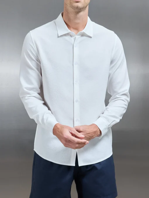 Seersucker Long Sleeve Cutaway Collar Shirt - White