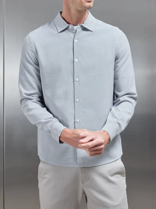 Seersucker Long Sleeve Cutaway Collar Shirt - Black