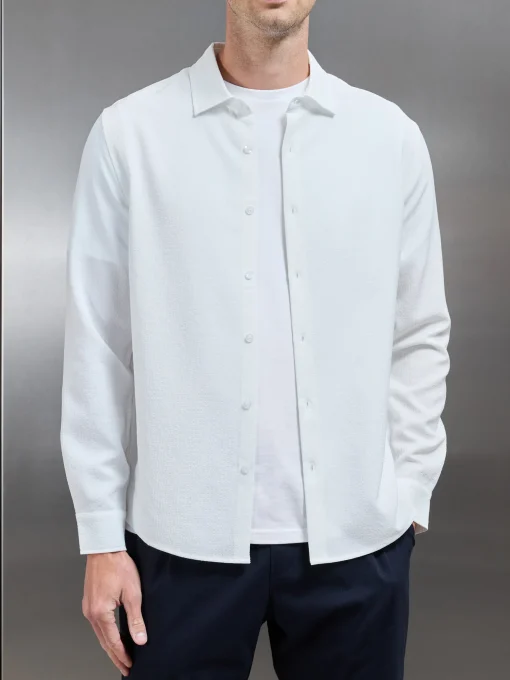 Seersucker Long Sleeve Cutaway Collar Shirt - White