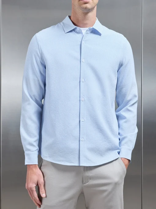 Seersucker Long Sleeve Cutaway Collar Shirt - Light Blue