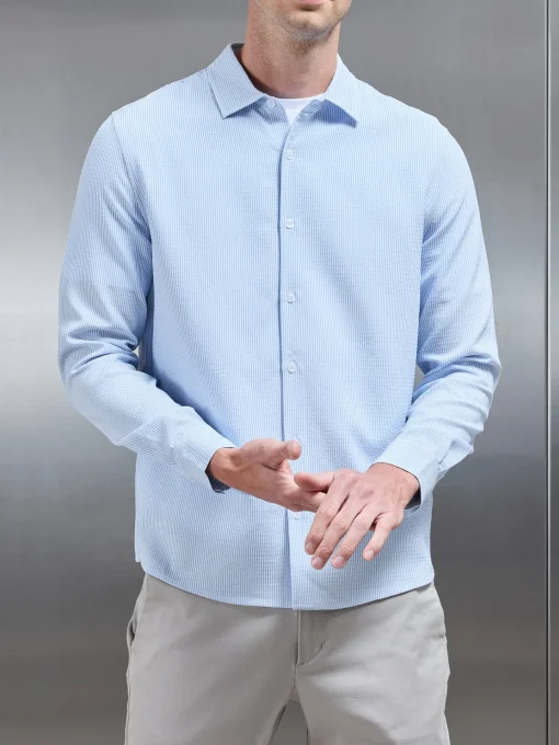Seersucker Long Sleeve Cutaway Collar Shirt - Light Blue